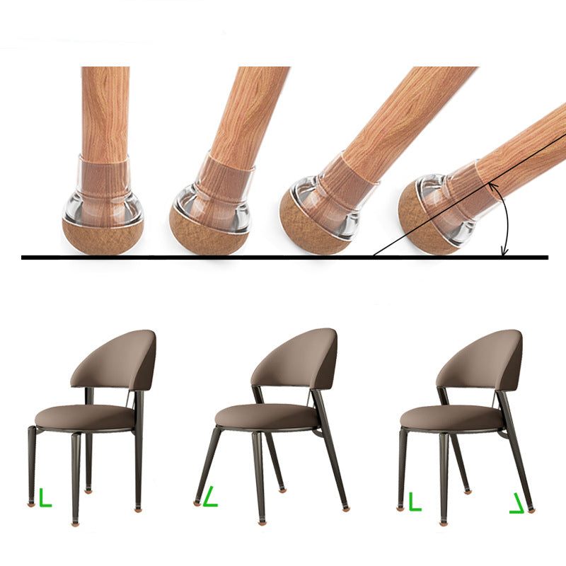 Wooden chair legs with protective caps and three chairs with different leg designs.