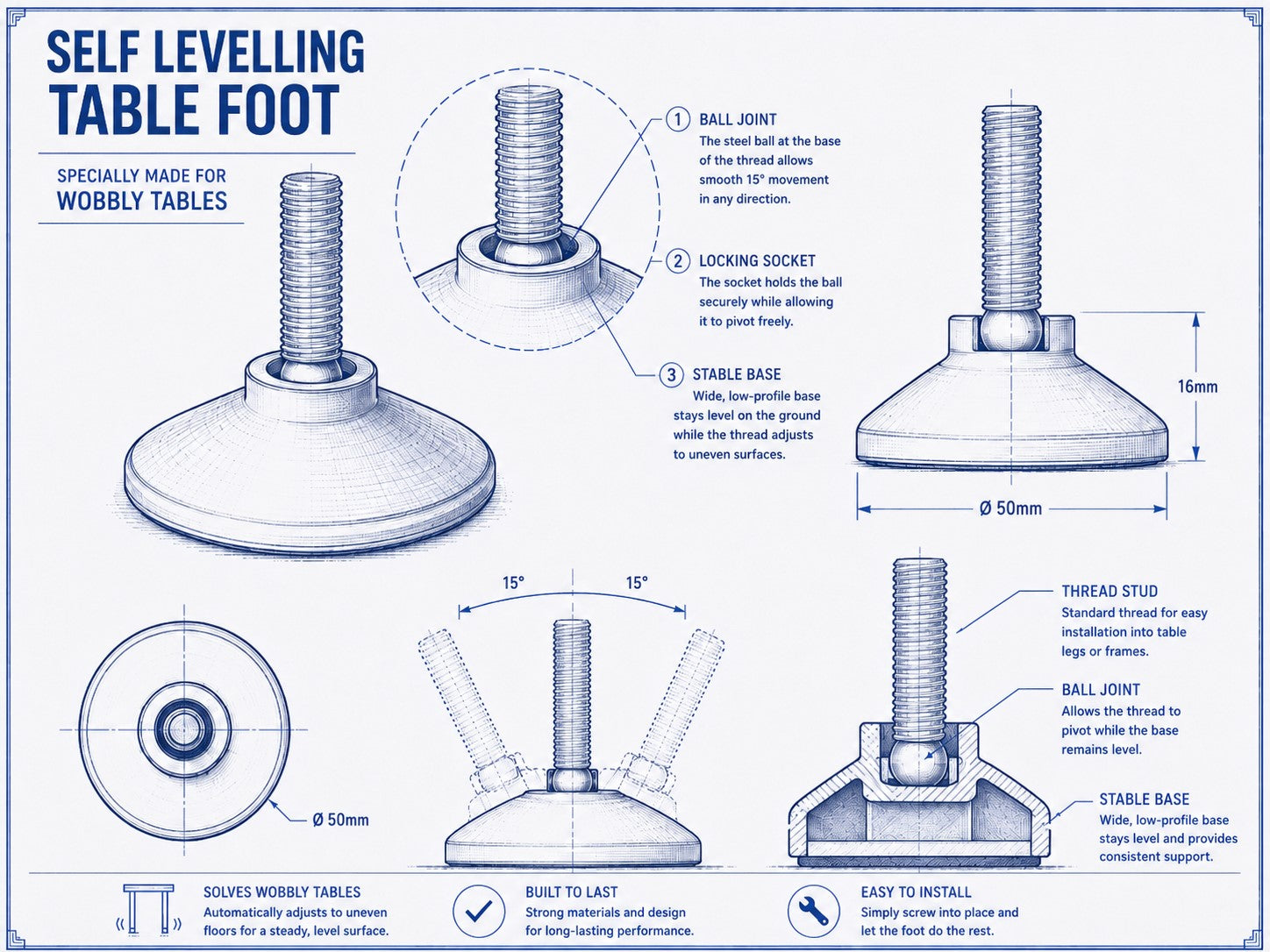 8mm Self Levelling Table Tip - Thread Length 15mm